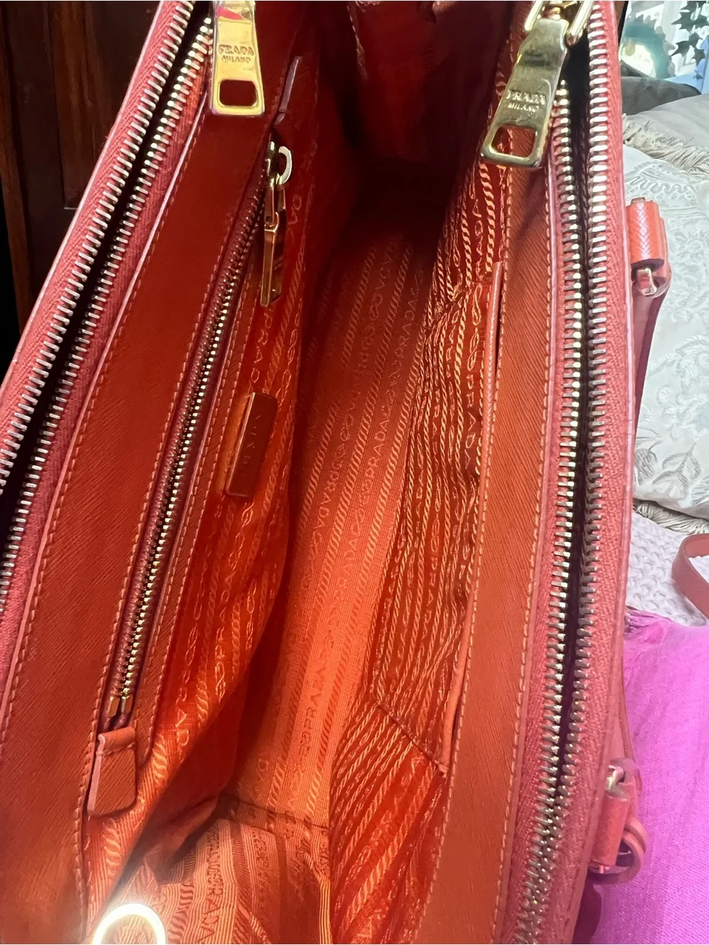 Prada Saffiano Lux Double Zip Orange Leather Tote Shoulder Bag COA